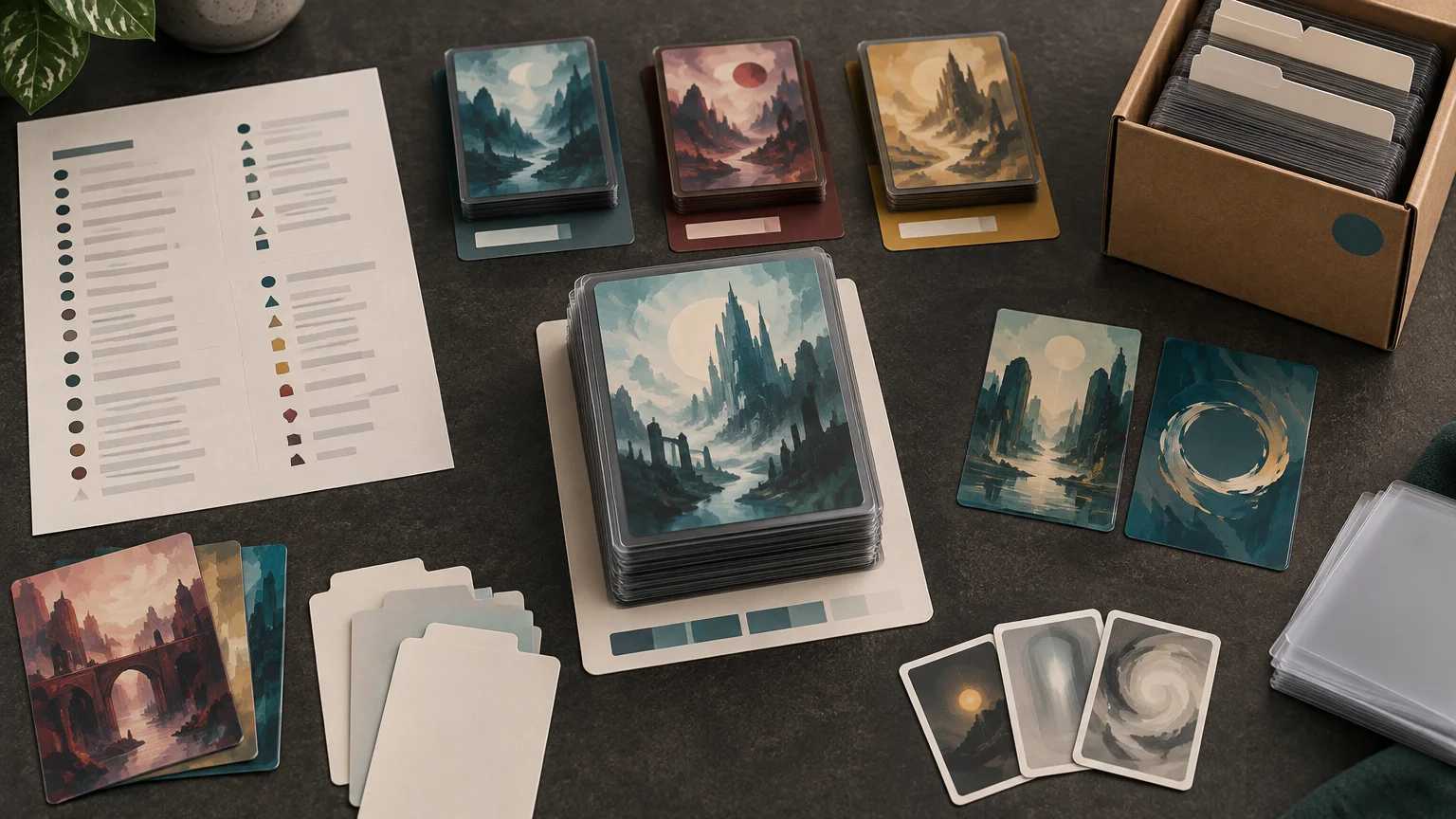 Organized tabletop card-printing workspace with several stacks of fantasy landscape cards, color-coded sample groups, blank divider cards, a paper checklist, and a cardboard storage box.