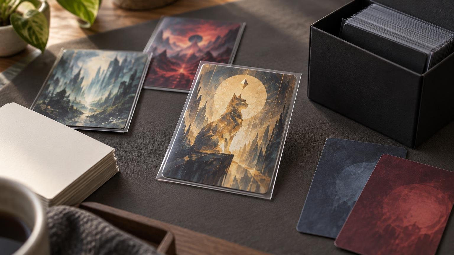Organized tabletop card project on a dark work surface, with three sleeved fantasy-art card samples, blank paper stock, two patterned card backs, and a black storage box filled with sleeved cards.