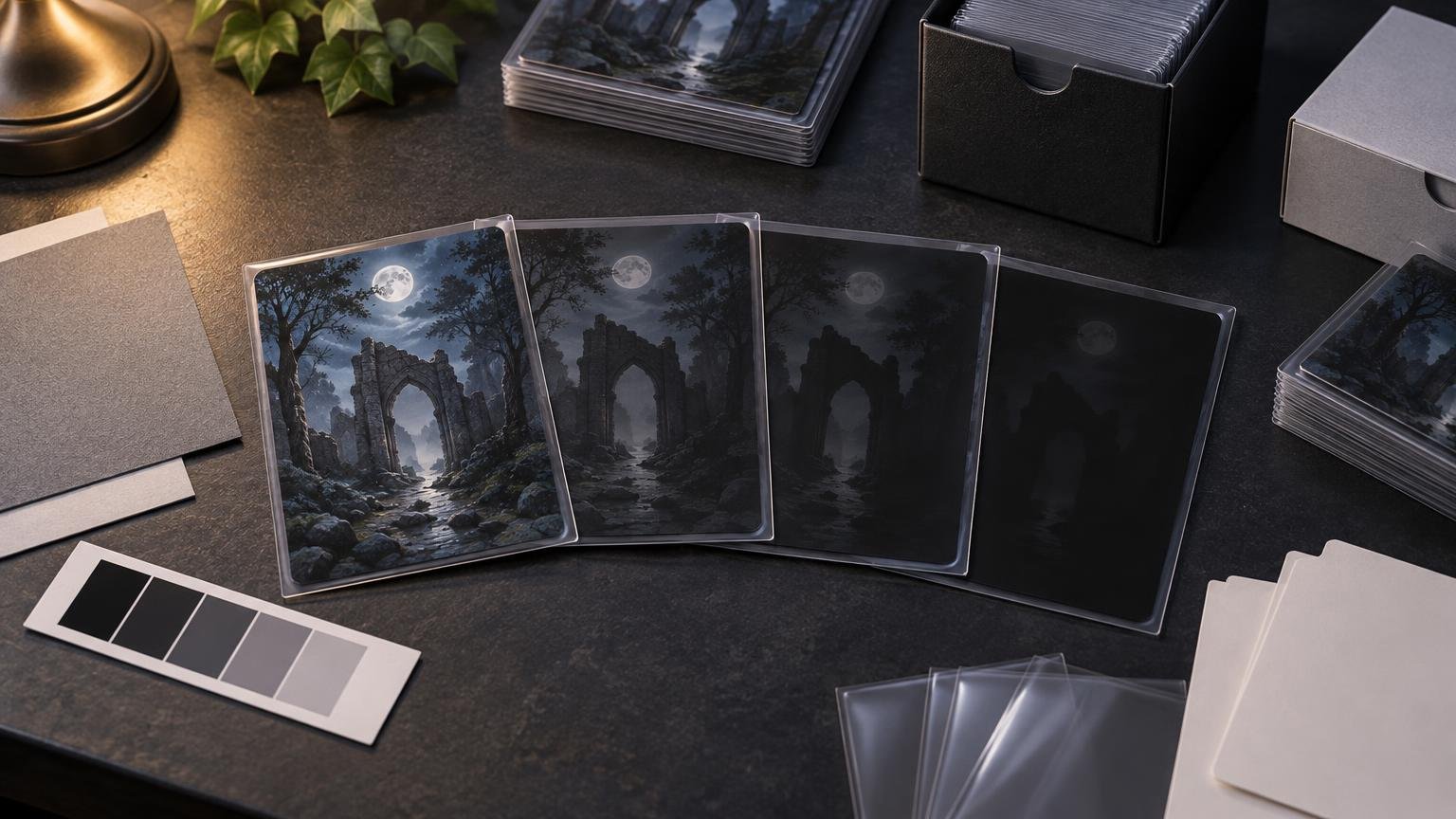 A dark tabletop workspace displays four sleeved card-sized moonlit ruin artworks progressing from detailed blue-gray shadows to nearly black, alongside grayscale swatches, blank divider cards, stacked samples, and unbranded deck boxes.