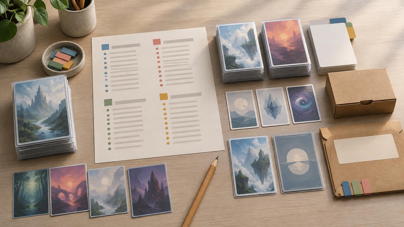 Overhead view of a tidy wooden desk with stacks of fantasy-art card-sized prints, a color-coded checklist sheet, loose sample cards, blank tabbed dividers, a pencil, and plain cardboard storage boxes.