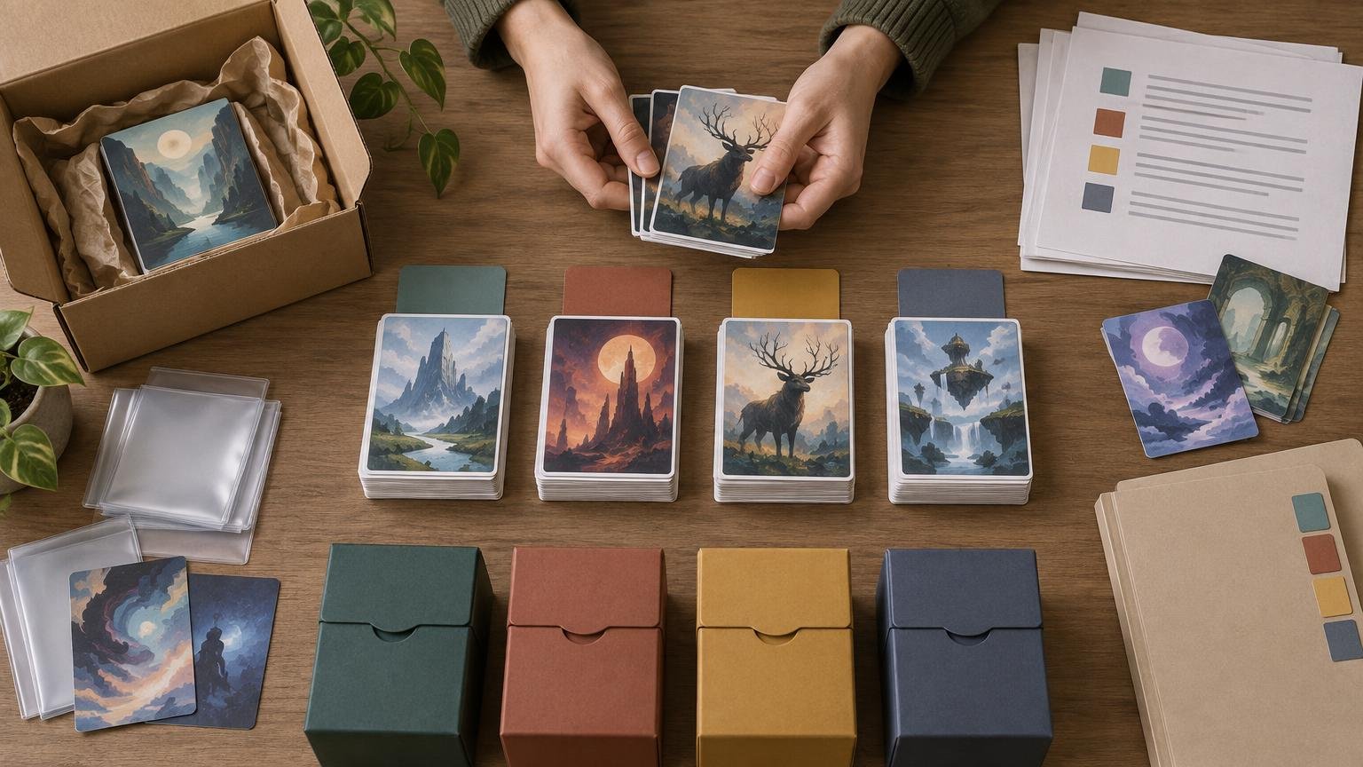 Overhead view of hands sorting illustrated fantasy-style cards into four neat stacks beside matching colored deck boxes, sleeves, a shipping box, and color-coded paper lists on a wooden table.