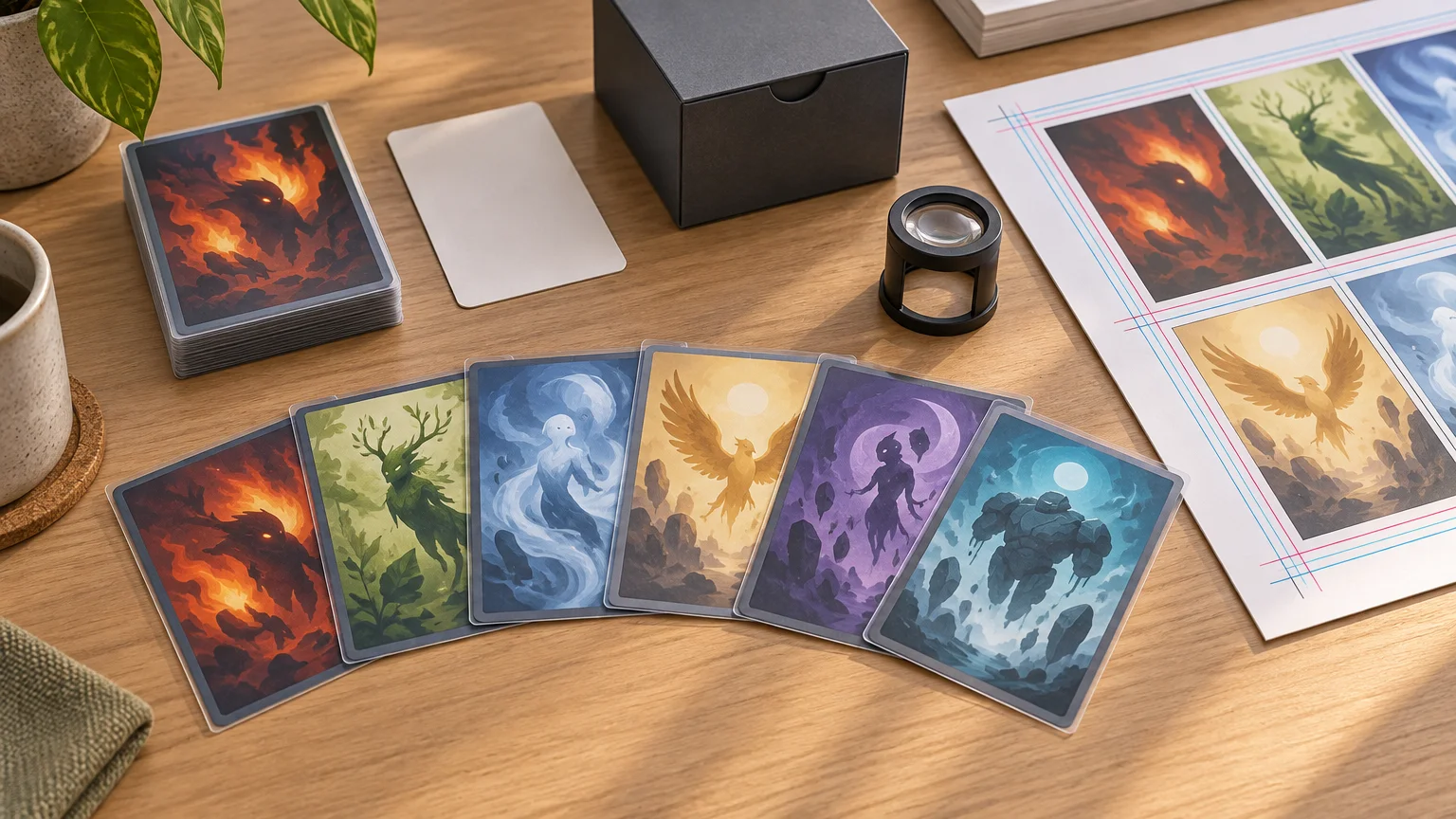 Organized tabletop card-printing workspace with sleeved fantasy-art card samples, a printed sheet with trim guides, a loupe, a blank card, and a black deck box on a wooden table.