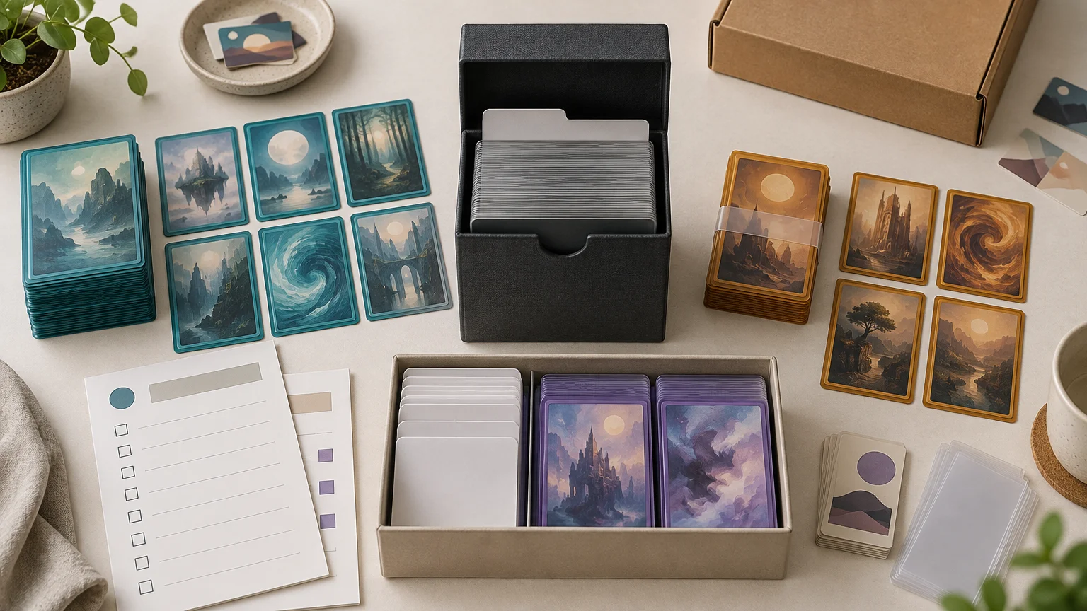 Overhead view of organized fantasy-art card stacks in teal, gold, and purple sleeves beside blank checklist sheets, dividers, deck boxes, a mailer, and extra card samples on a light work surface.