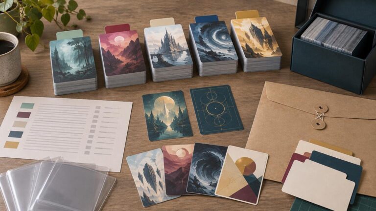 Organized tabletop card-printing workspace with five stacks of fantasy-art card samples, colored dividers, a black storage box, sleeves, an envelope, and a checklist-style sheet on a wooden table.