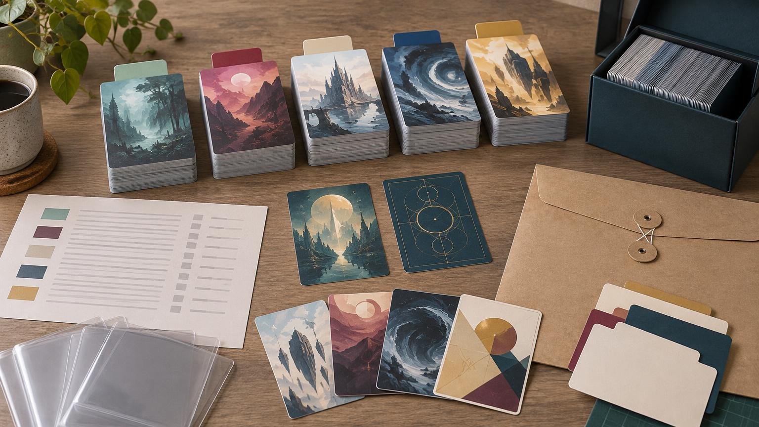 Organized tabletop card-printing workspace with five stacks of fantasy-art card samples, colored dividers, a black storage box, sleeves, an envelope, and a checklist-style sheet on a wooden table.