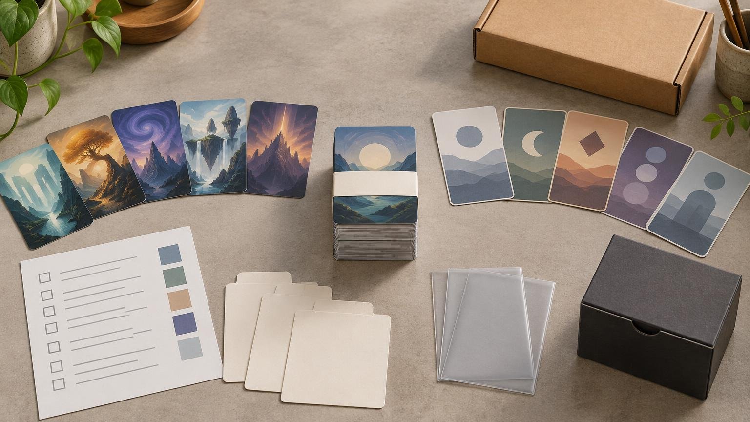 Overhead view of an organized tabletop card-printing workspace with fantasy-art card samples, abstract-backed cards, a checklist sheet, blank divider cards, clear sleeves, and unbranded cardboard and black deck boxes.