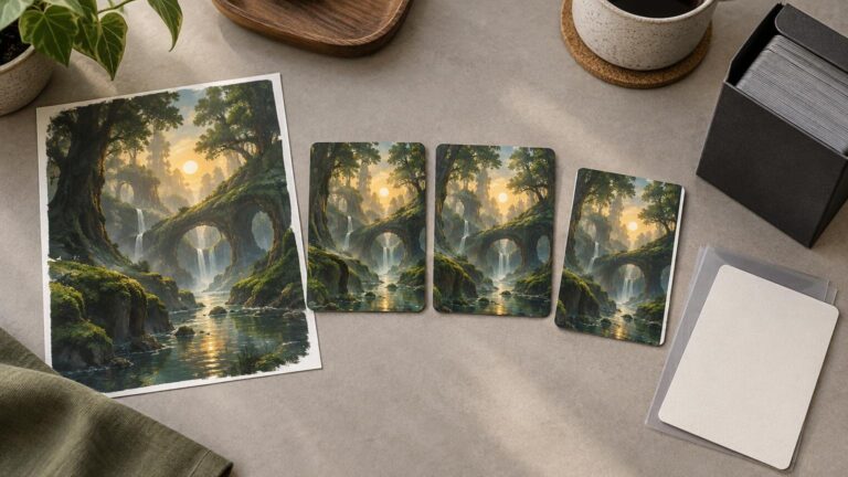 Overhead view of a tabletop print workspace with a large fantasy landscape art sheet, three matching borderless card-sized samples, blank cards in a clear sleeve, and a black deck box holding a stack of cards.