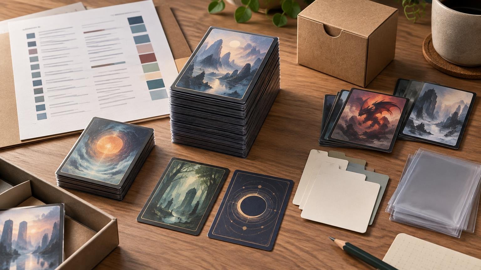 Organized tabletop card-printing workspace with stacks of illustrated fantasy-style cards, a deck box, blank dividers, clear sleeves, and a list sheet on a wooden table.