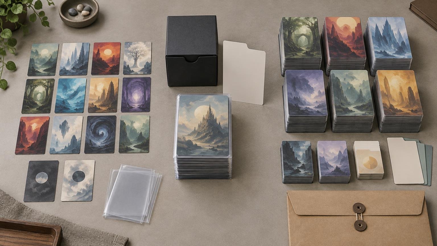 Overhead view of organized fantasy-art card print samples arranged in small groups and tall stacks beside a black deck box, blank dividers, clear sleeves, and a kraft paper mailer on a neutral work surface.