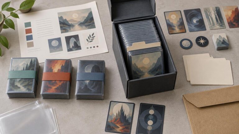 Overhead view of an organized tabletop card-printing archive with bundled illustrated card stacks, a labeled-style layout sheet, sleeves, dividers, tokens, a filled black deck box, and a brown mailer on a neutral work surface.