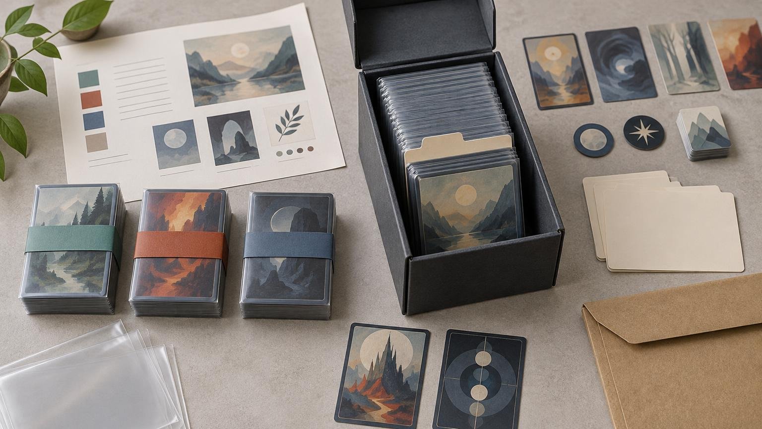 Overhead view of an organized tabletop card-printing archive with bundled illustrated card stacks, a labeled-style layout sheet, sleeves, dividers, tokens, a filled black deck box, and a brown mailer on a neutral work surface.