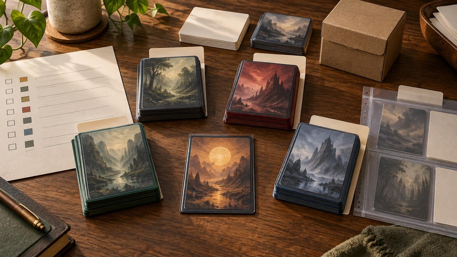 Organized tabletop card-printing workspace with several stacks of fictional fantasy-art card samples in colored sleeves, blank divider cards, a checklist sheet, a clear archive page, and an unbranded cardboard deck box on a wooden table.